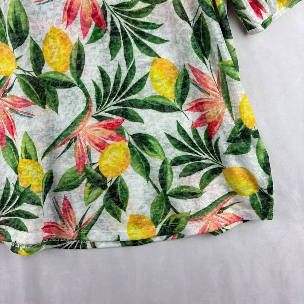Ruby Rd Short Sleeve T-Shirt Top Women's XL Yellow Lemon Tropical Floral Resort